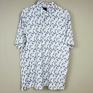 Greg Norman Polo Shirt Men's Large Blue Yellow Pineapple geometric All Over Golf